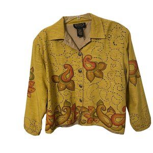 Vintage 90s Alex Kim Jacket Button Up 2X Golden Yellow Embellished Boho Lined Pl